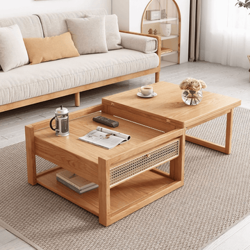 47-Inch Rectangular Solid Wood Multifunctional Coffee Table with Ash Wood and Rattan Block Base